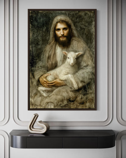 Jesus And Lamb Wall Art Canvas | Good Shepherd Painting - Framed Religious Artwork for Prayer Room