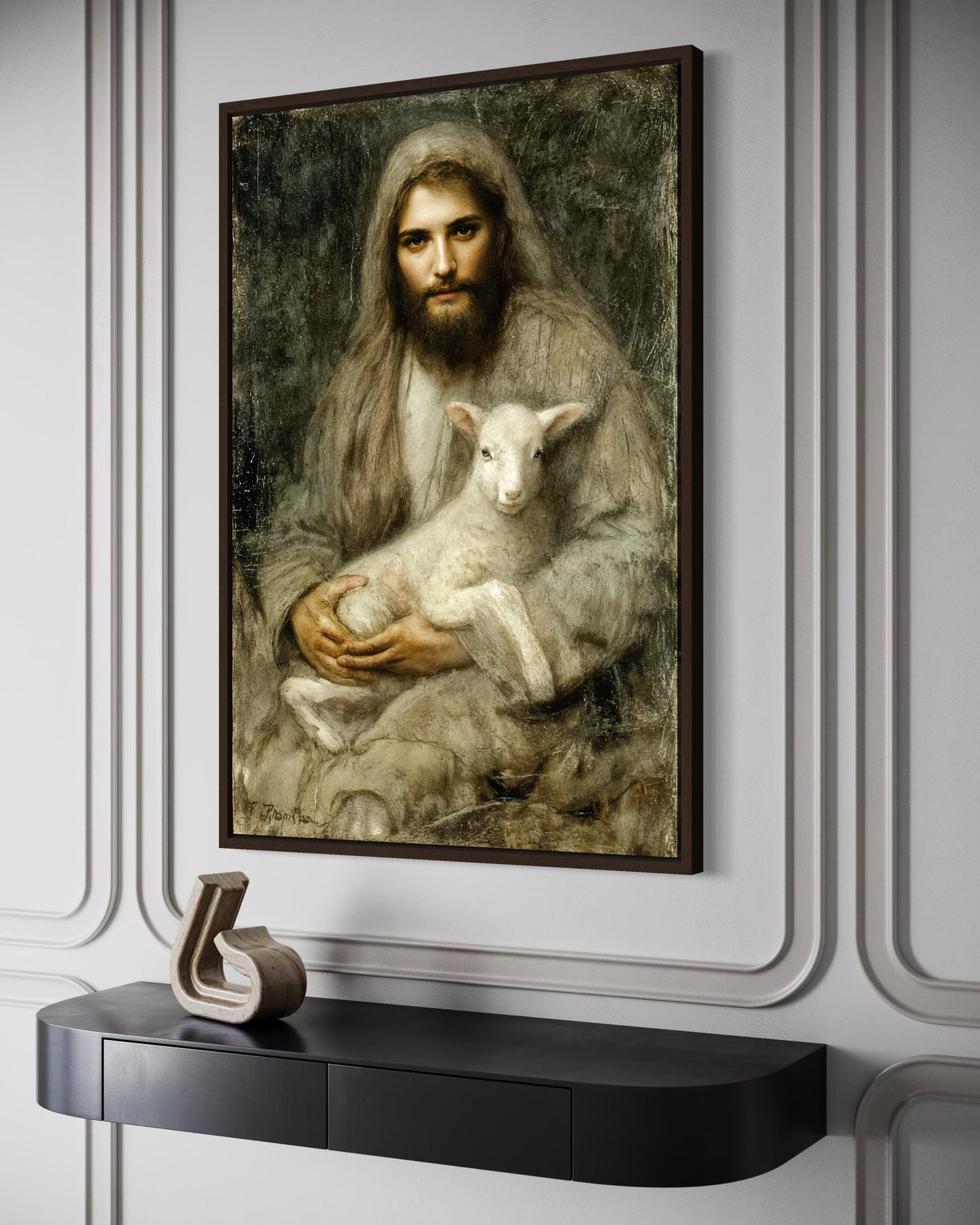 Jesus And Lamb Wall Art Canvas | Good Shepherd Painting - Framed Religious Artwork for Prayer Room