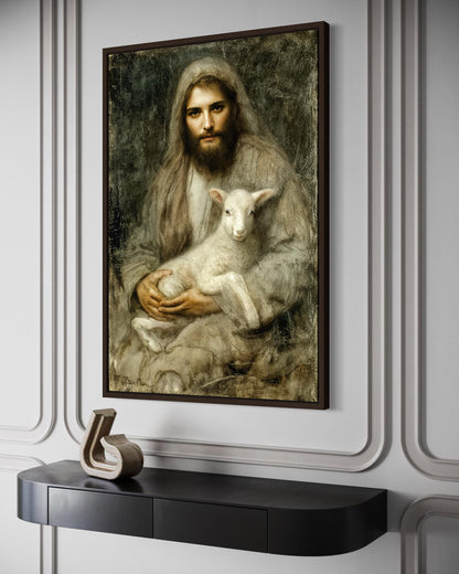 Jesus And Lamb Wall Art Canvas | Good Shepherd Painting - Framed Religious Artwork for Prayer Room