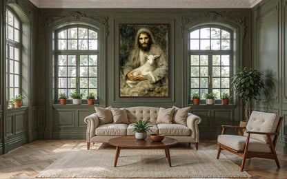 Jesus And Lamb Wall Art Canvas | Good Shepherd Painting - Framed Religious Artwork for Prayer Room