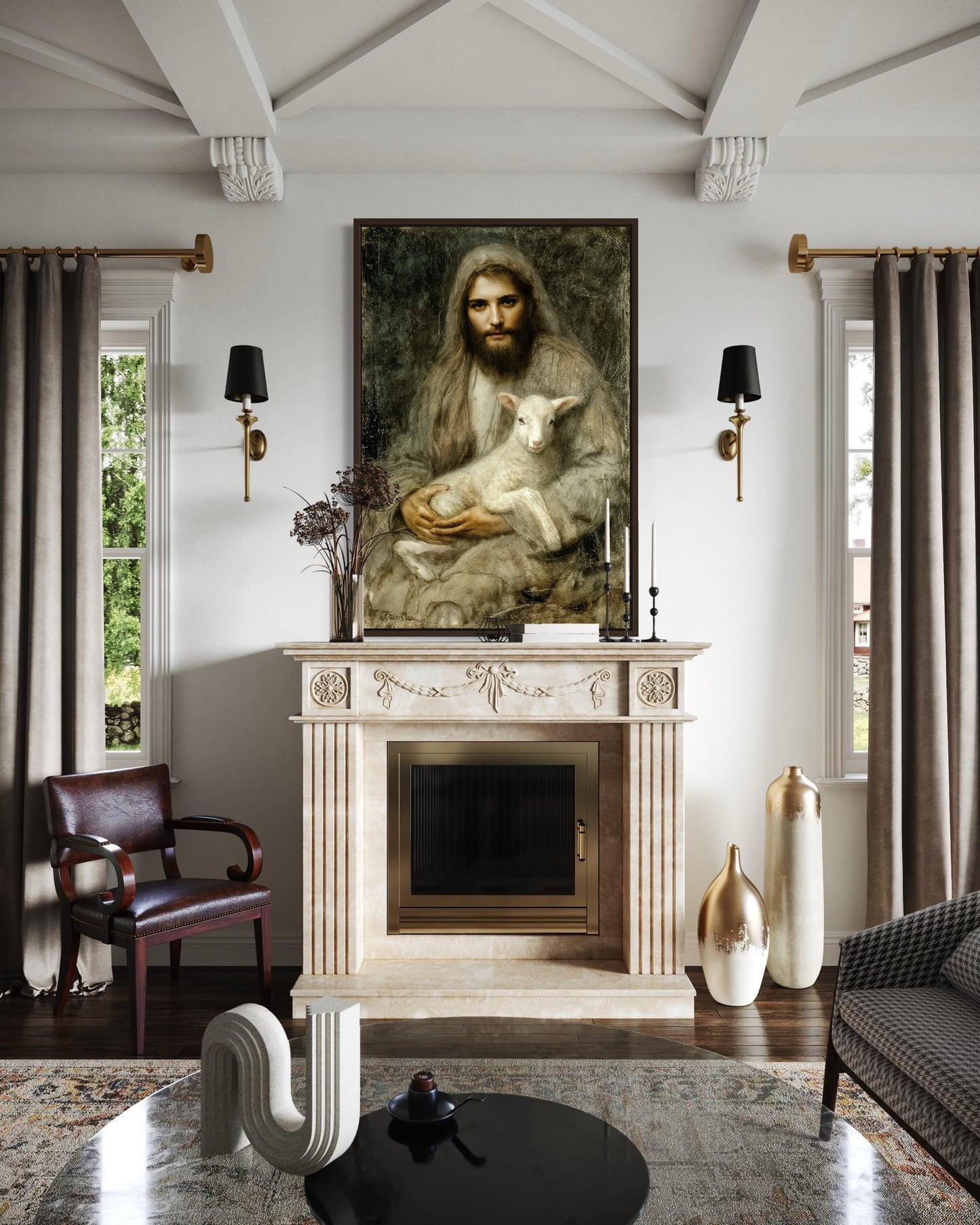 Jesus And Lamb Wall Art Canvas | Good Shepherd Painting - Framed Religious Artwork for Prayer Room