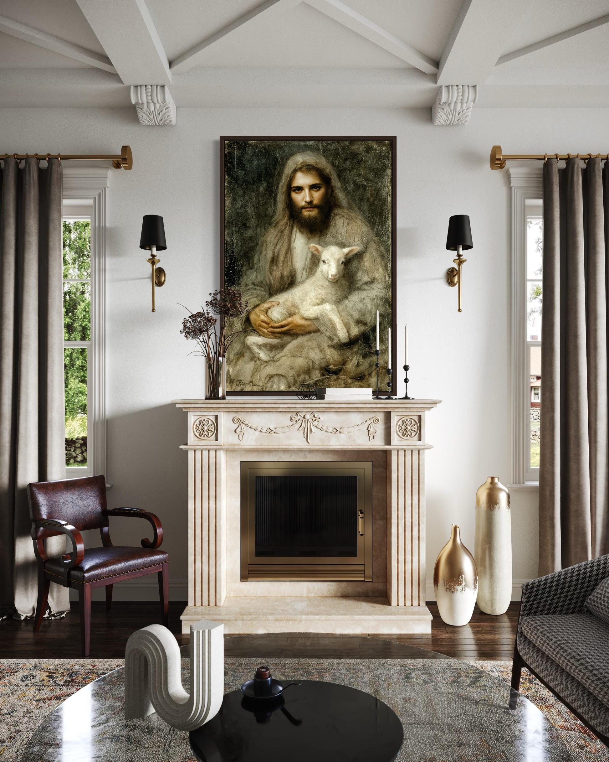Jesus And Lamb Wall Art Canvas | Good Shepherd Painting - Framed Religious Artwork for Prayer Room