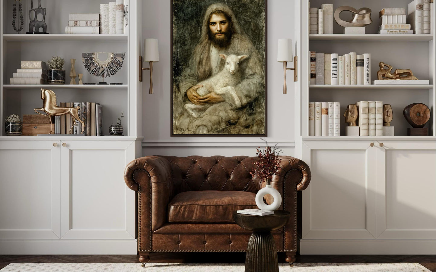 Jesus And Lamb Wall Art Canvas | Good Shepherd Painting - Framed Religious Artwork for Prayer Room
