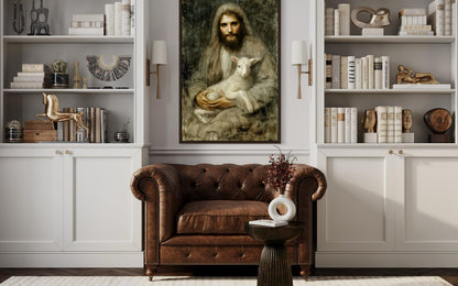 Jesus And Lamb Wall Art Canvas | Good Shepherd Painting - Framed Religious Artwork for Prayer Room