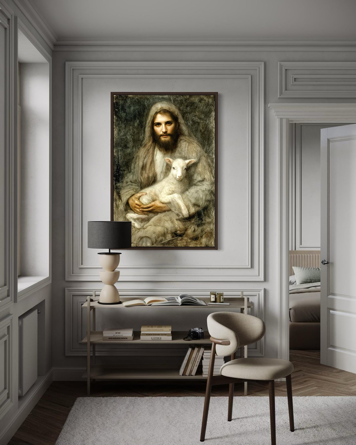 Jesus And Lamb Wall Art Canvas | Good Shepherd Painting - Framed Religious Artwork for Prayer Room
