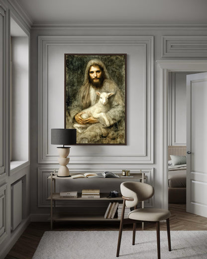 Jesus And Lamb Wall Art Canvas | Good Shepherd Painting - Framed Religious Artwork for Prayer Room