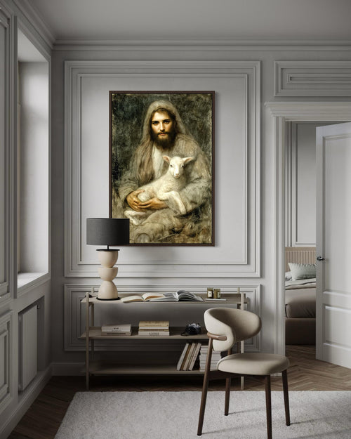 Jesus And Lamb Wall Art Canvas | Good Shepherd Painting - Framed Religious Artwork for Prayer Room