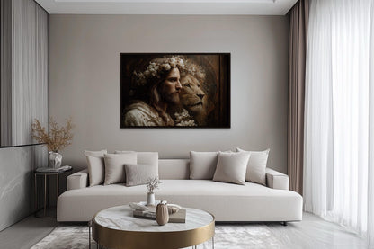 Jesus And Lion Framed Canvas Wall Art