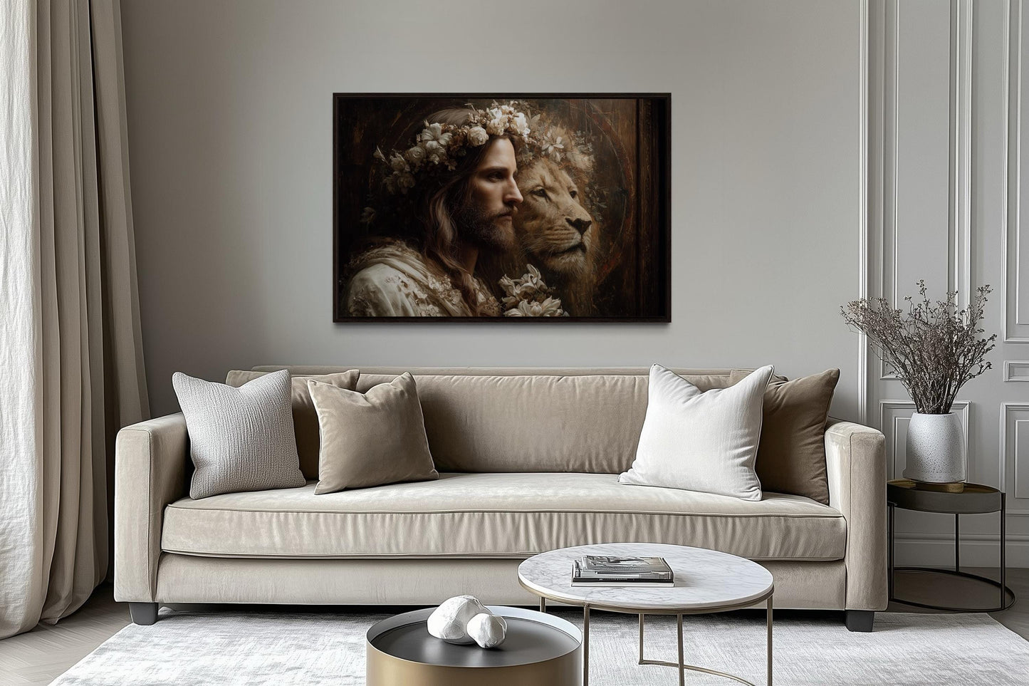 Jesus And Lion Framed Canvas Wall Art