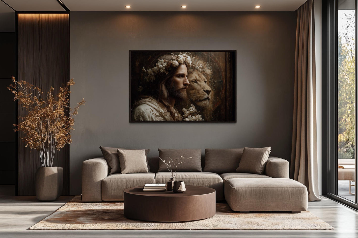 Jesus And Lion Framed Canvas Wall Art