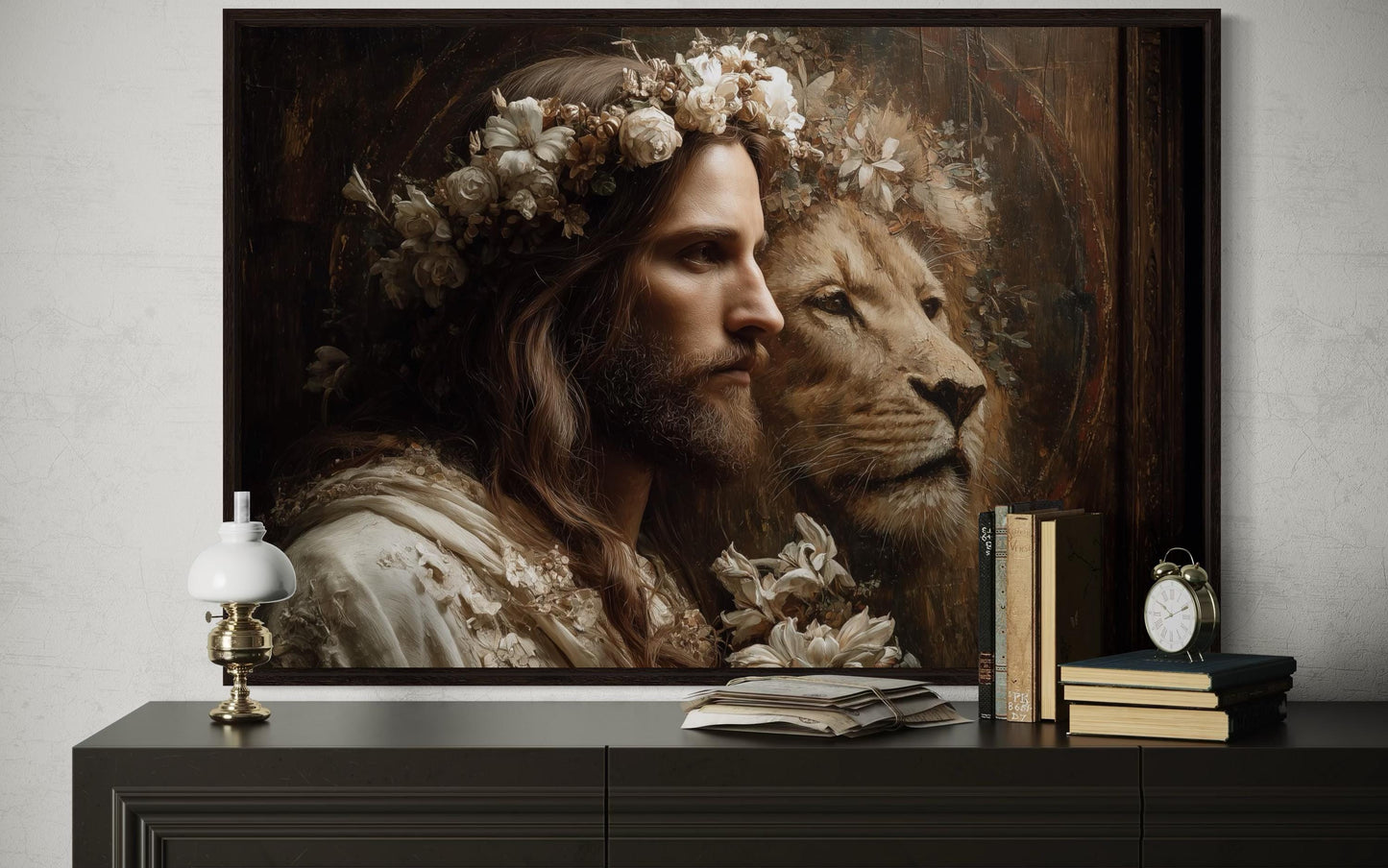 Jesus And Lion Framed Canvas Wall Art
