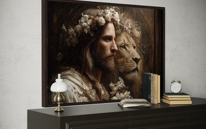 Jesus And Lion Framed Canvas Wall Art