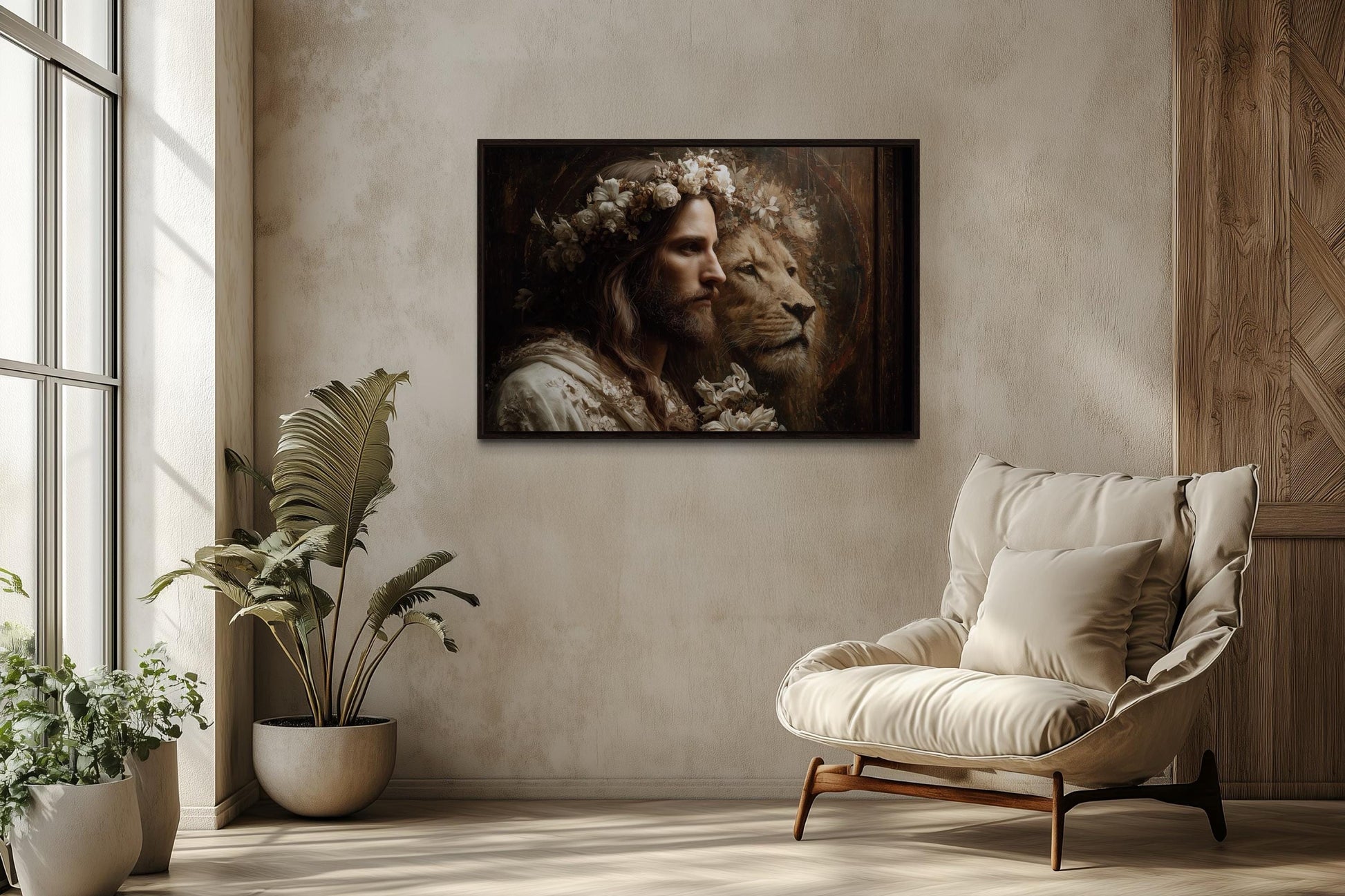 Jesus And Lion Framed Canvas Wall Art