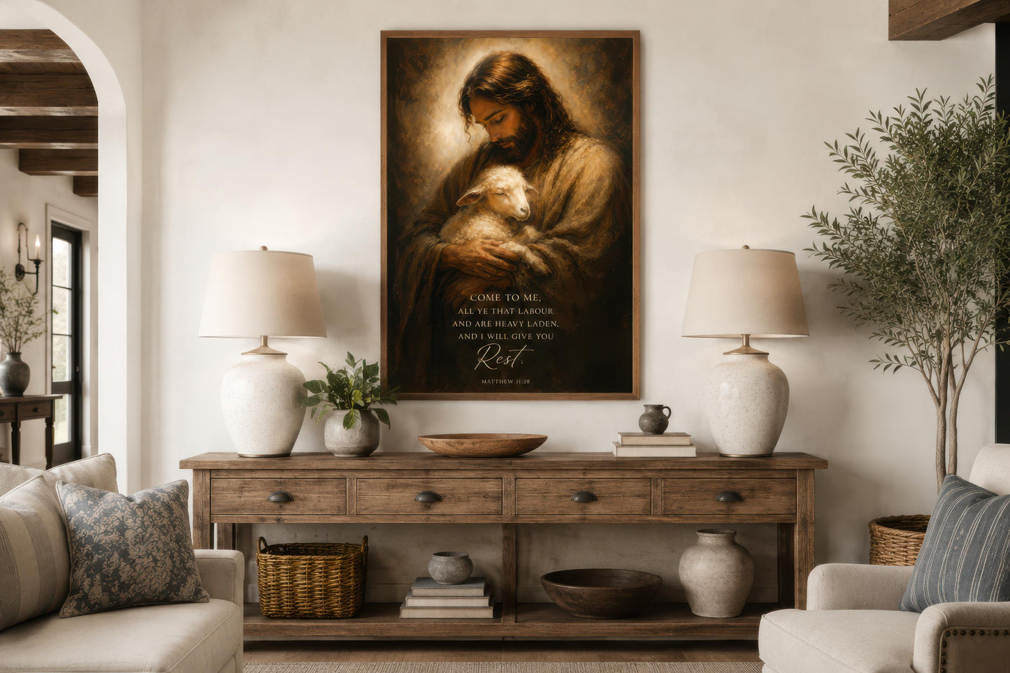 Jesus Holding Lamb Wall Art – Christian Scripture Canvas Print with Matthew 11:28 Verse