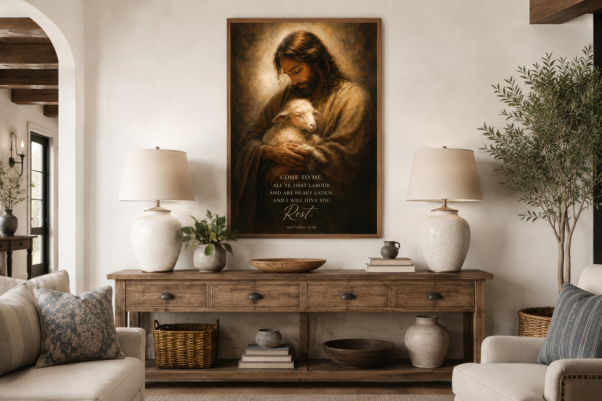 Jesus Holding Lamb Wall Art – Christian Scripture Canvas Print with Matthew 11:28 Verse