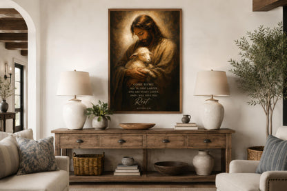 Jesus Holding Lamb Wall Art – Christian Scripture Canvas Print with Matthew 11:28 Verse