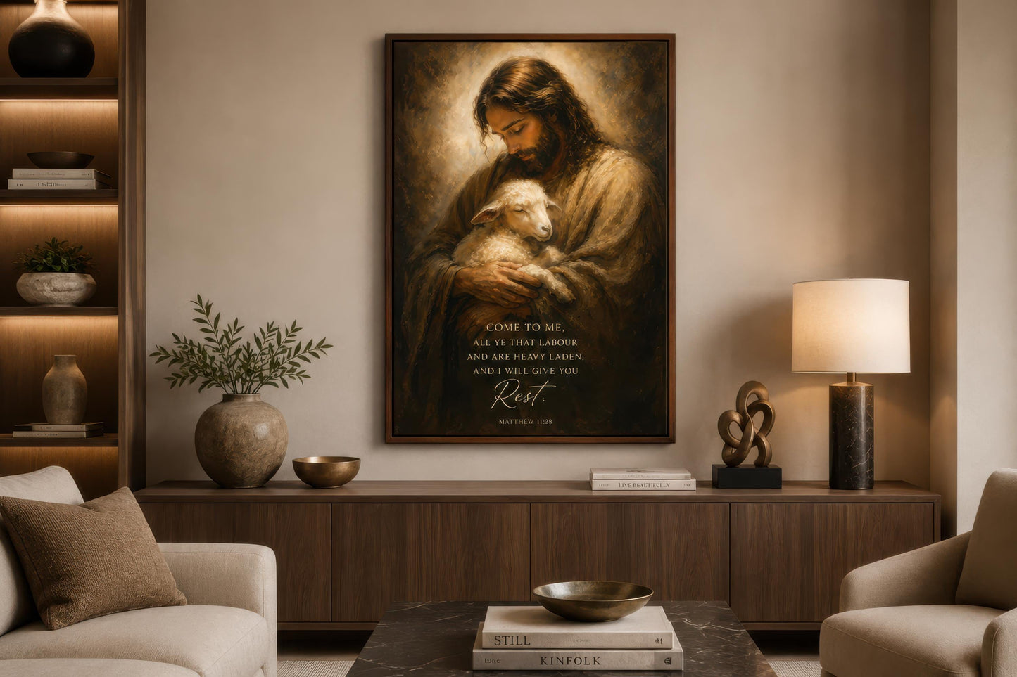 Jesus Holding Lamb Wall Art – Christian Scripture Canvas Print with Matthew 11:28 Verse