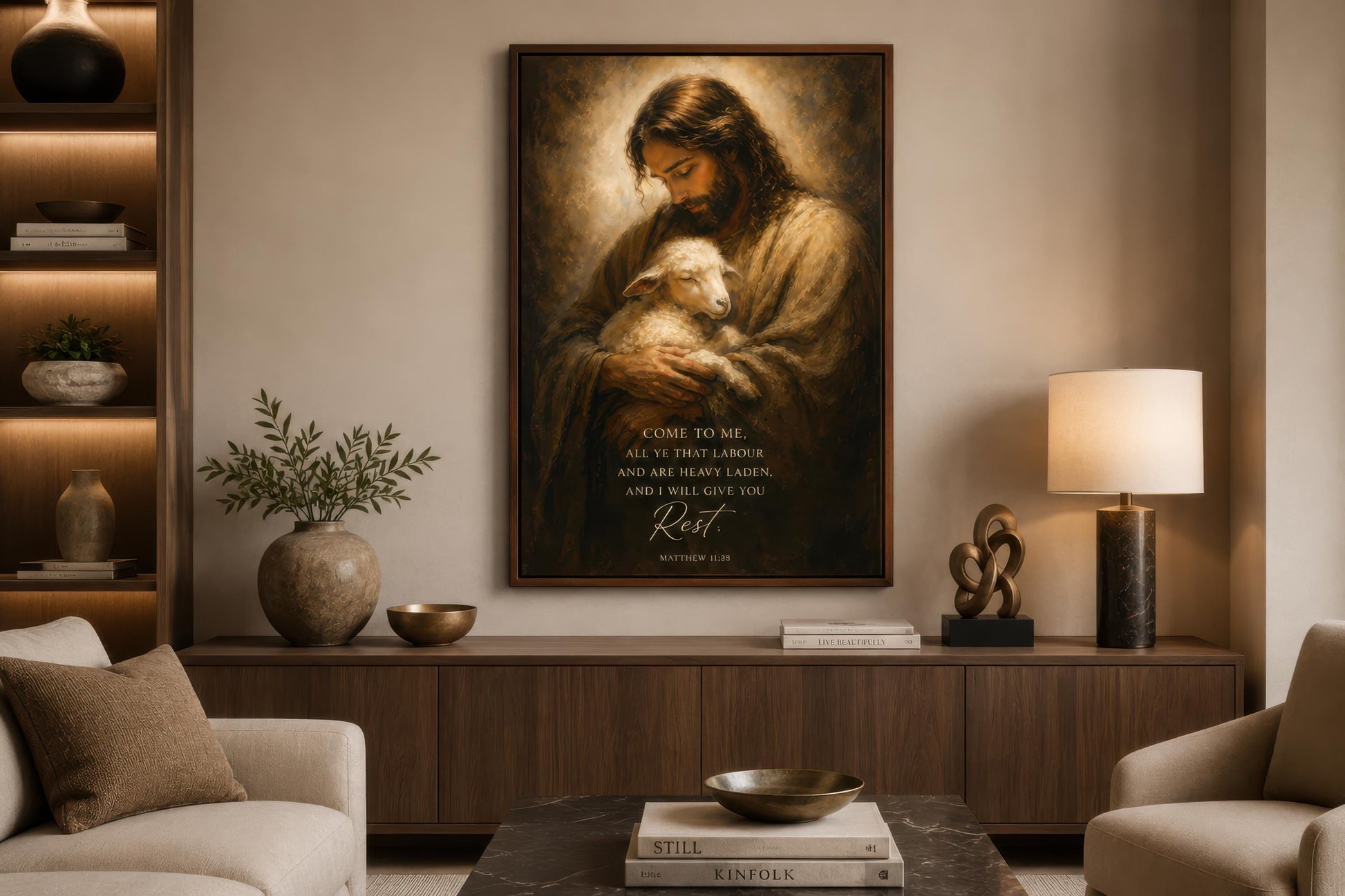Jesus Holding Lamb Wall Art – Christian Scripture Canvas Print with Matthew 11:28 Verse