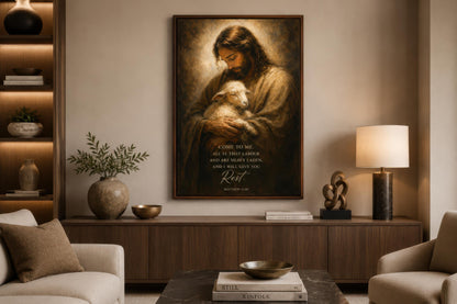Jesus Holding Lamb Wall Art – Christian Scripture Canvas Print with Matthew 11:28 Verse
