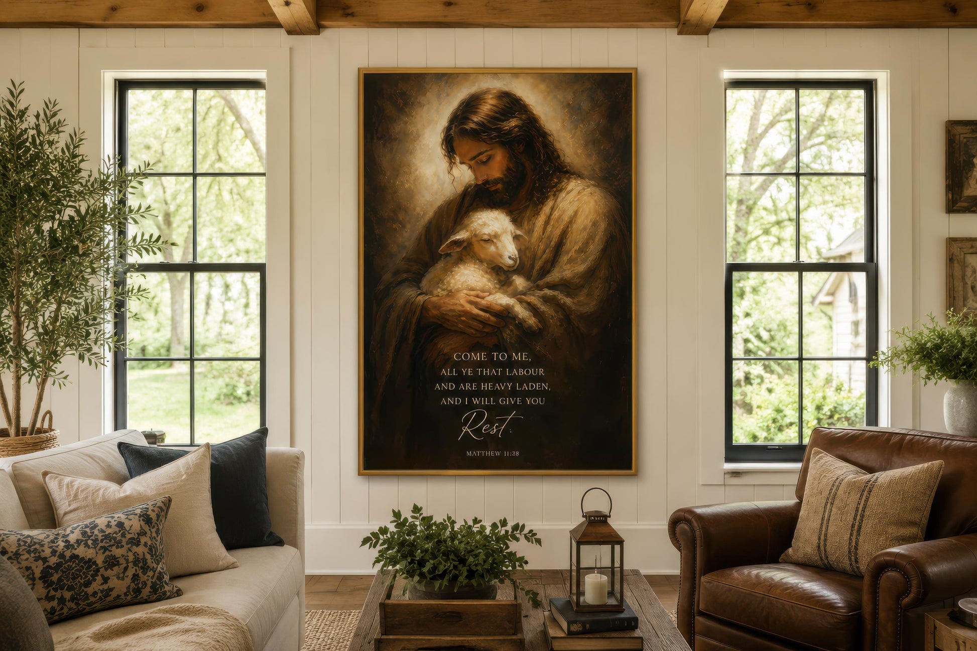 Jesus Holding Lamb Wall Art – Christian Scripture Canvas Print with Matthew 11:28 Verse