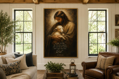 Jesus Holding Lamb Wall Art – Christian Scripture Canvas Print with Matthew 11:28 Verse