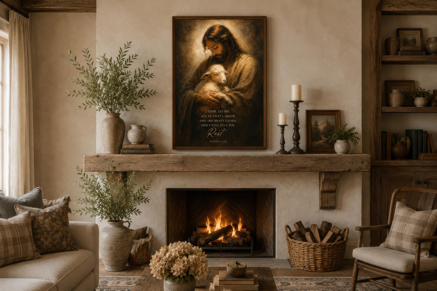 Jesus Holding Lamb Wall Art – Christian Scripture Canvas Print with Matthew 11:28 Verse