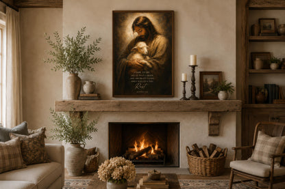 Jesus Holding Lamb Wall Art – Christian Scripture Canvas Print with Matthew 11:28 Verse