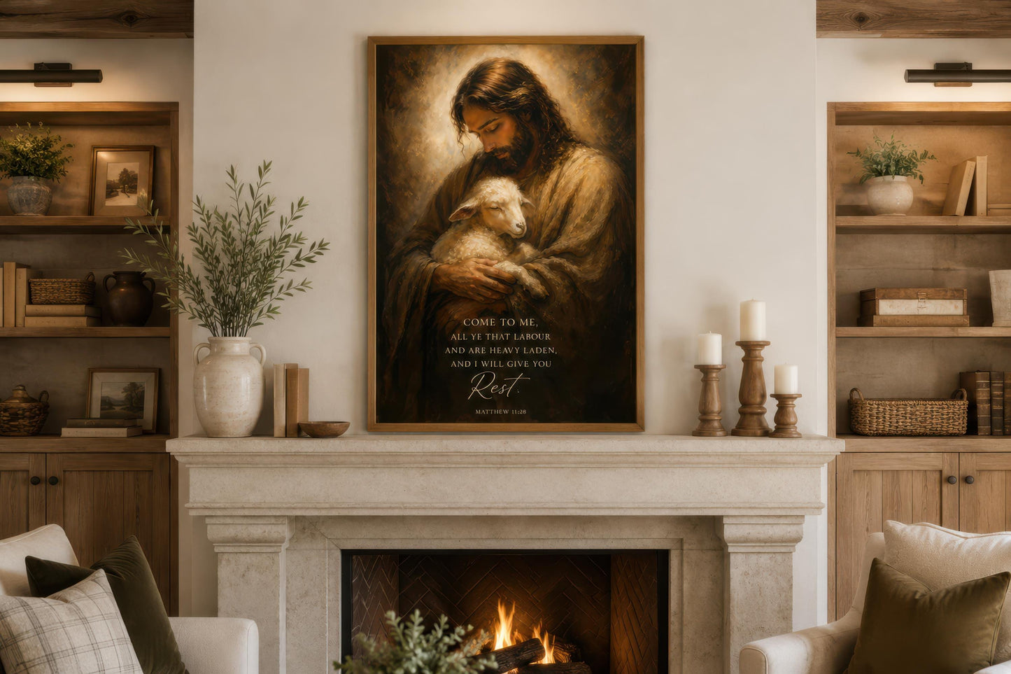 Jesus Holding Lamb Wall Art – Christian Scripture Canvas Print with Matthew 11:28 Verse