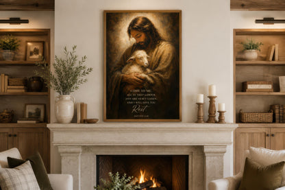 Jesus Holding Lamb Wall Art – Christian Scripture Canvas Print with Matthew 11:28 Verse