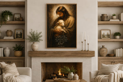 Jesus Holding Lamb Wall Art – Christian Scripture Canvas Print with Matthew 11:28 Verse