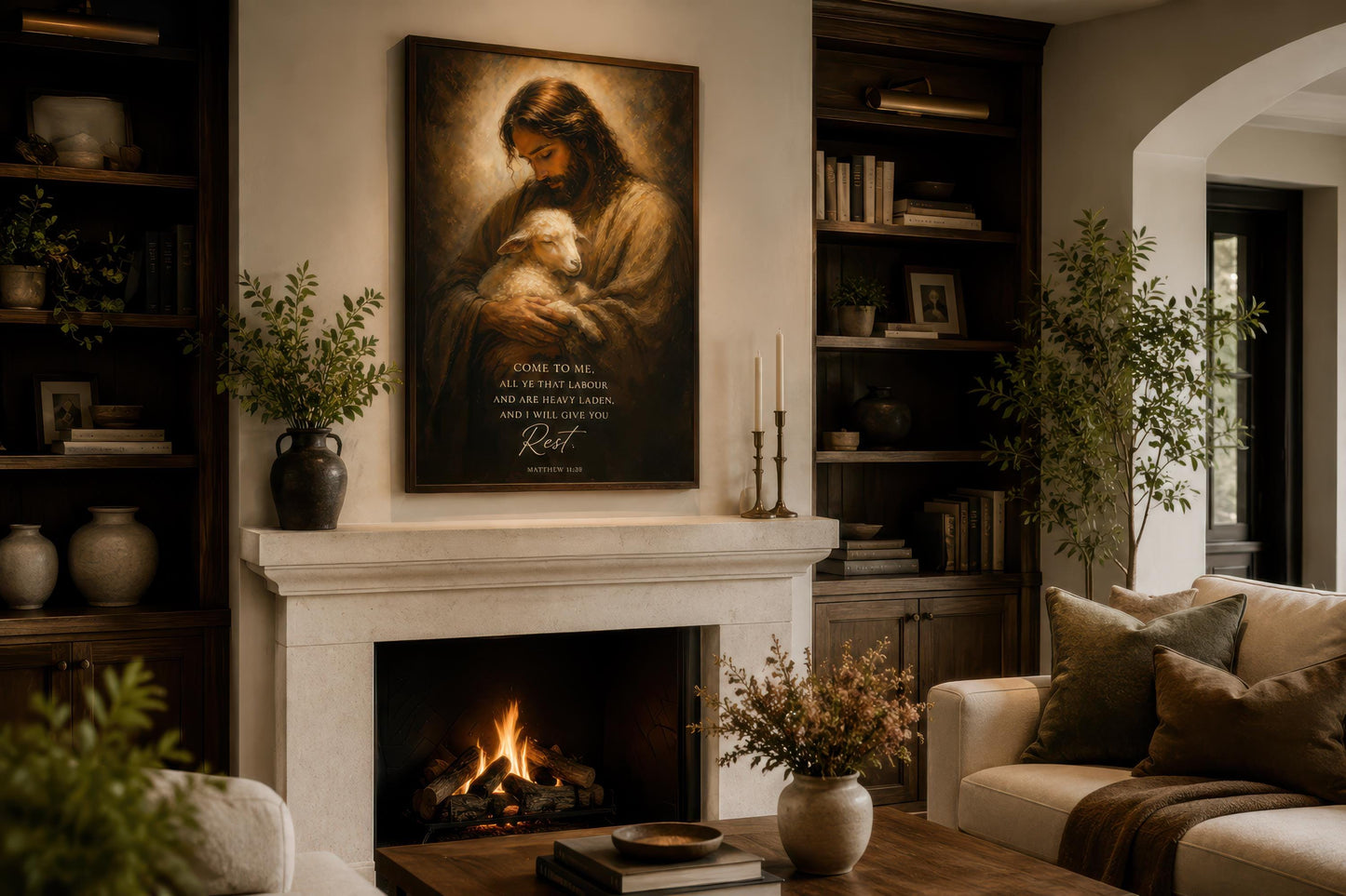 Jesus Holding Lamb Wall Art – Christian Scripture Canvas Print with Matthew 11:28 Verse