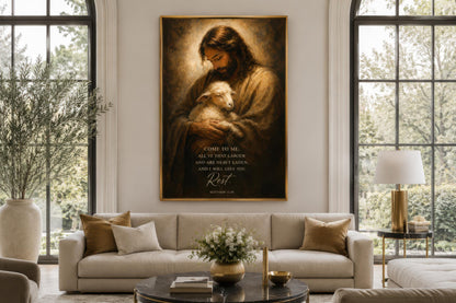 Jesus Holding Lamb Wall Art – Christian Scripture Canvas Print with Matthew 11:28 Verse