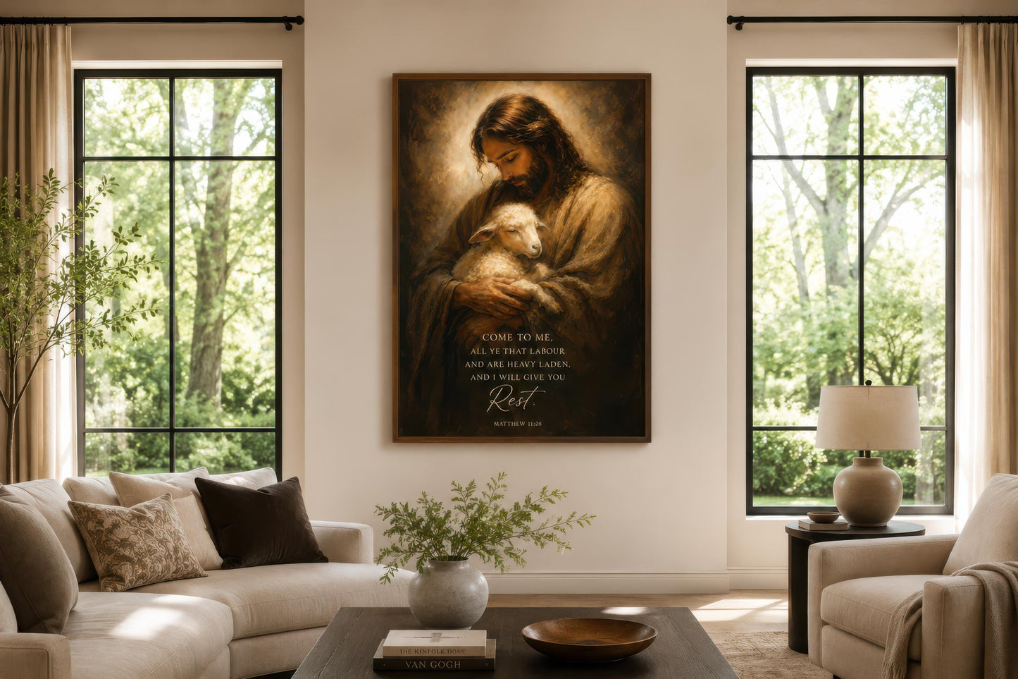Jesus Holding Lamb Wall Art – Christian Scripture Canvas Print with Matthew 11:28 Verse