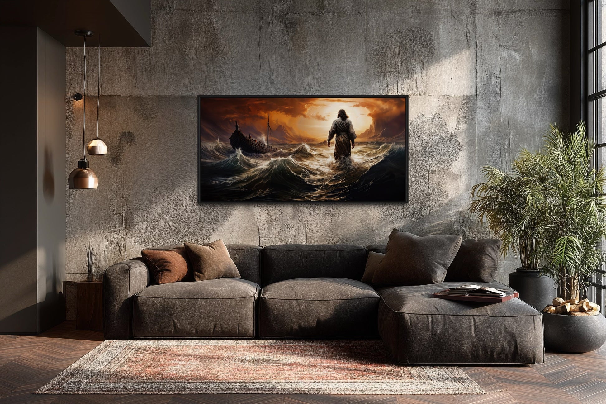 Jesus Walking On Water In Storm Modern Christian Framed Canvas Wall Art