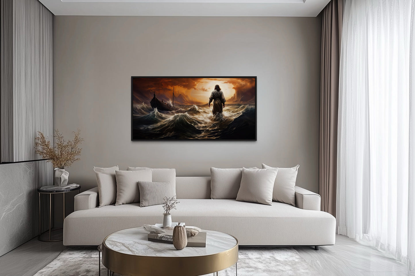 Jesus Walking On Water In Storm Modern Christian Framed Canvas Wall Art