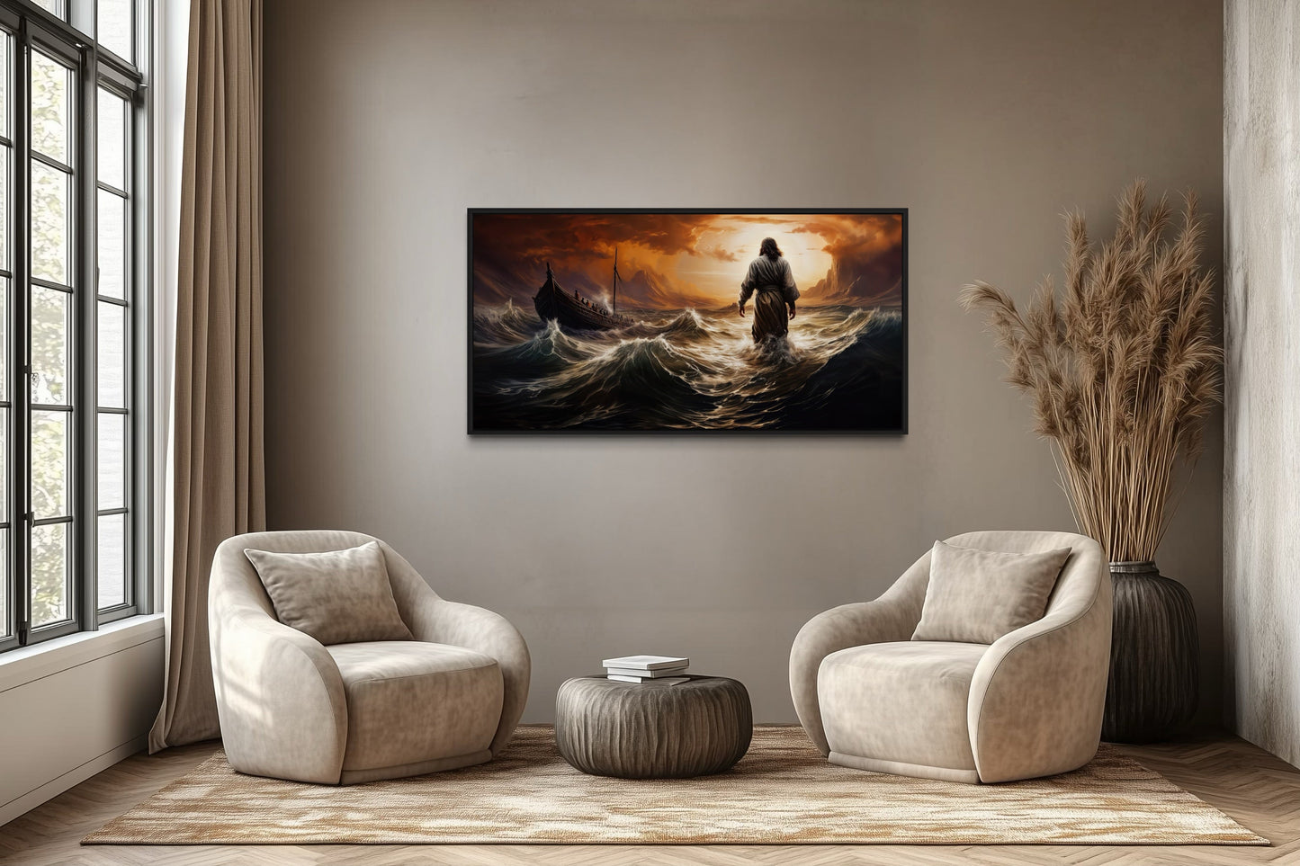 Jesus Walking On Water In Storm Modern Christian Framed Canvas Wall Art