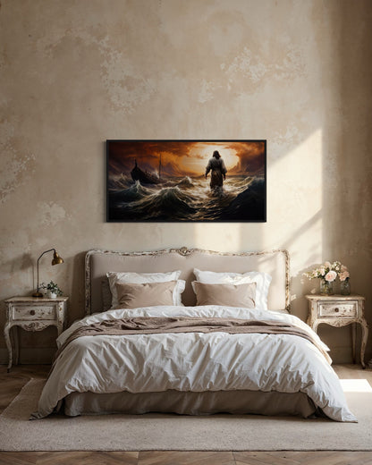 Jesus Walking On Water In Storm Modern Christian Framed Canvas Wall Art