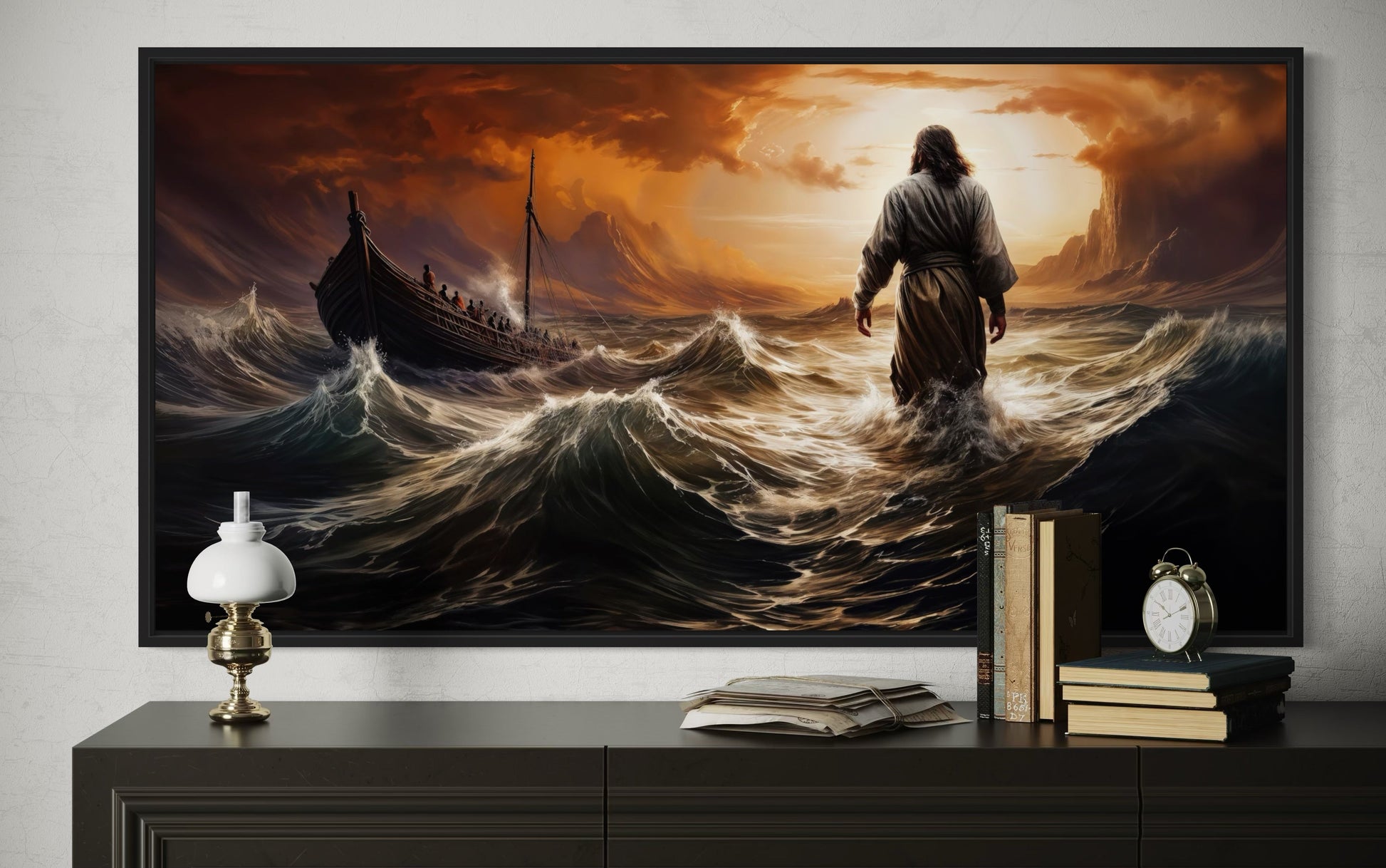 Jesus Walking On Water In Storm Modern Christian Framed Canvas Wall Art