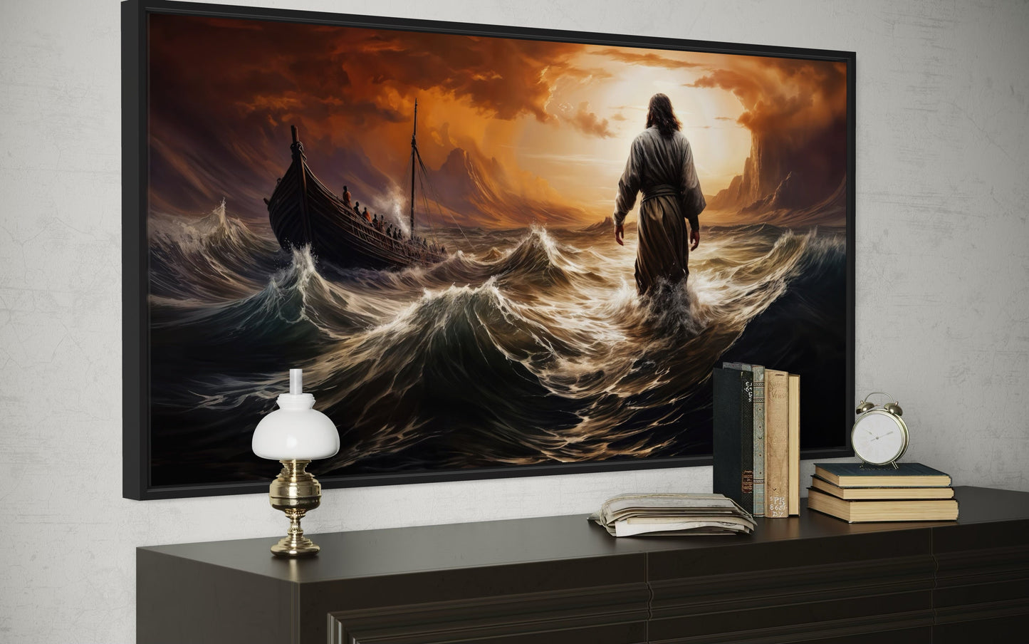 Jesus Walking On Water In Storm Modern Christian Framed Canvas Wall Art