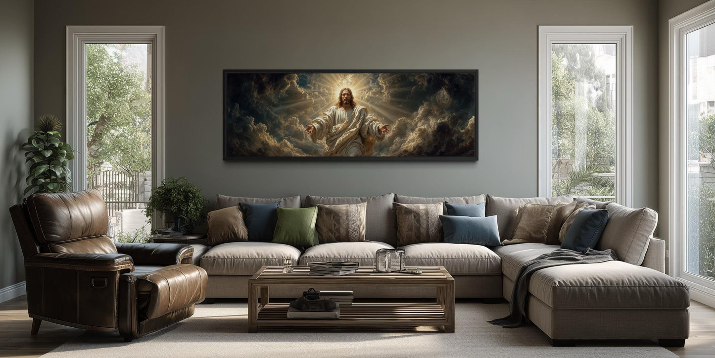 Jesus Wall Art - Panoramic Christian Wall Decor Canvas Print with Open Arms