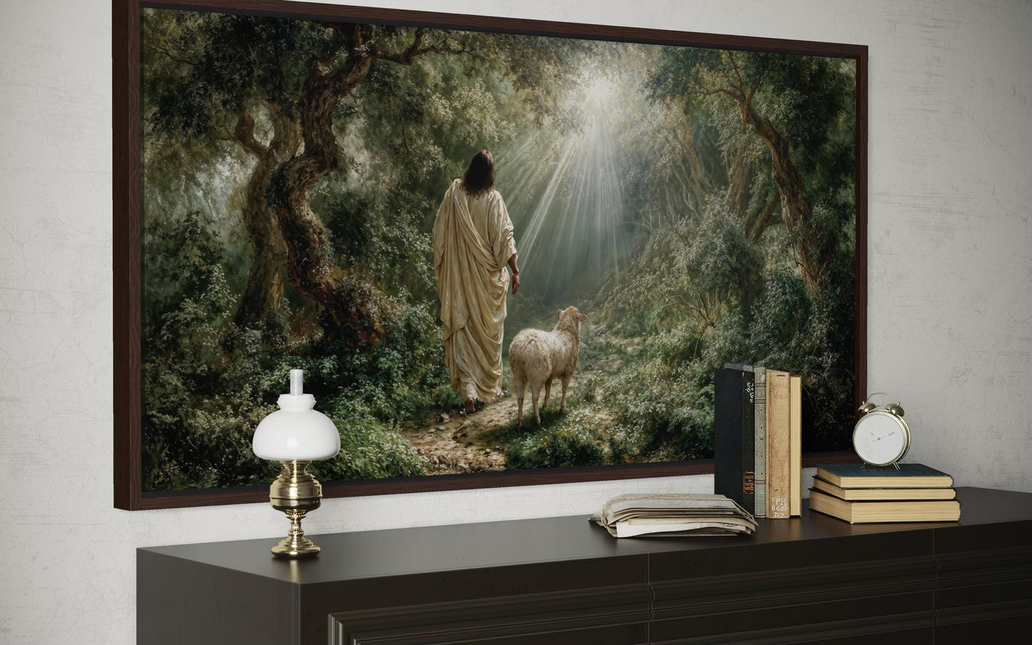 Jesus the Good Shepherd And Lamb In The Forest Canvas Wall Art – Christian Decor