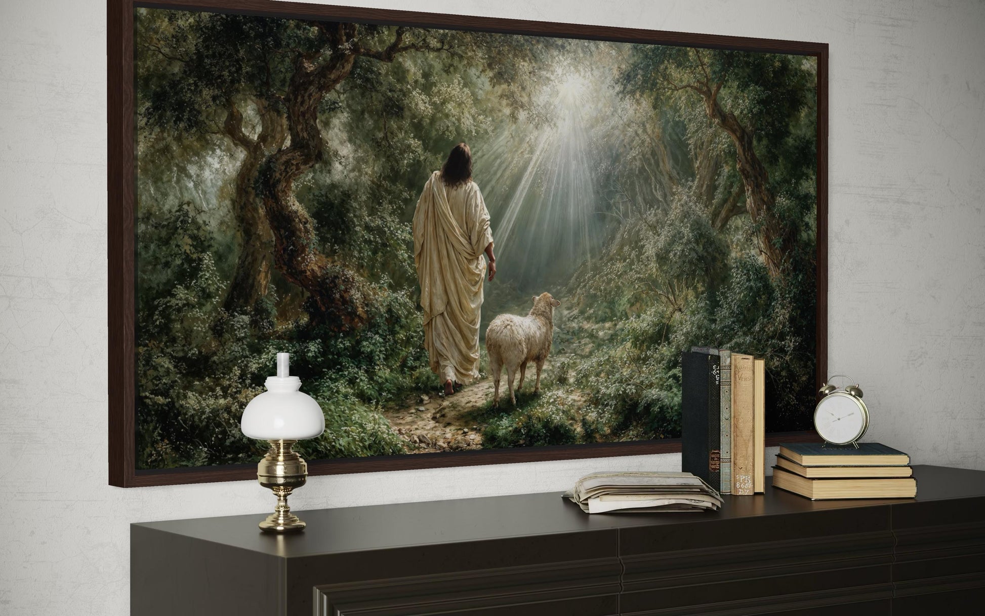 Jesus the Good Shepherd And Lamb In The Forest Canvas Wall Art – Christian Decor