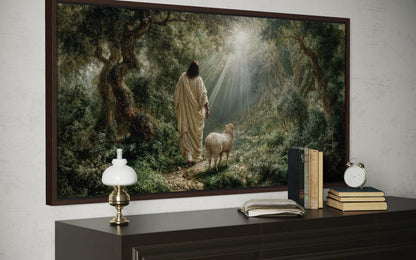 Jesus the Good Shepherd And Lamb In The Forest Canvas Wall Art – Christian Decor