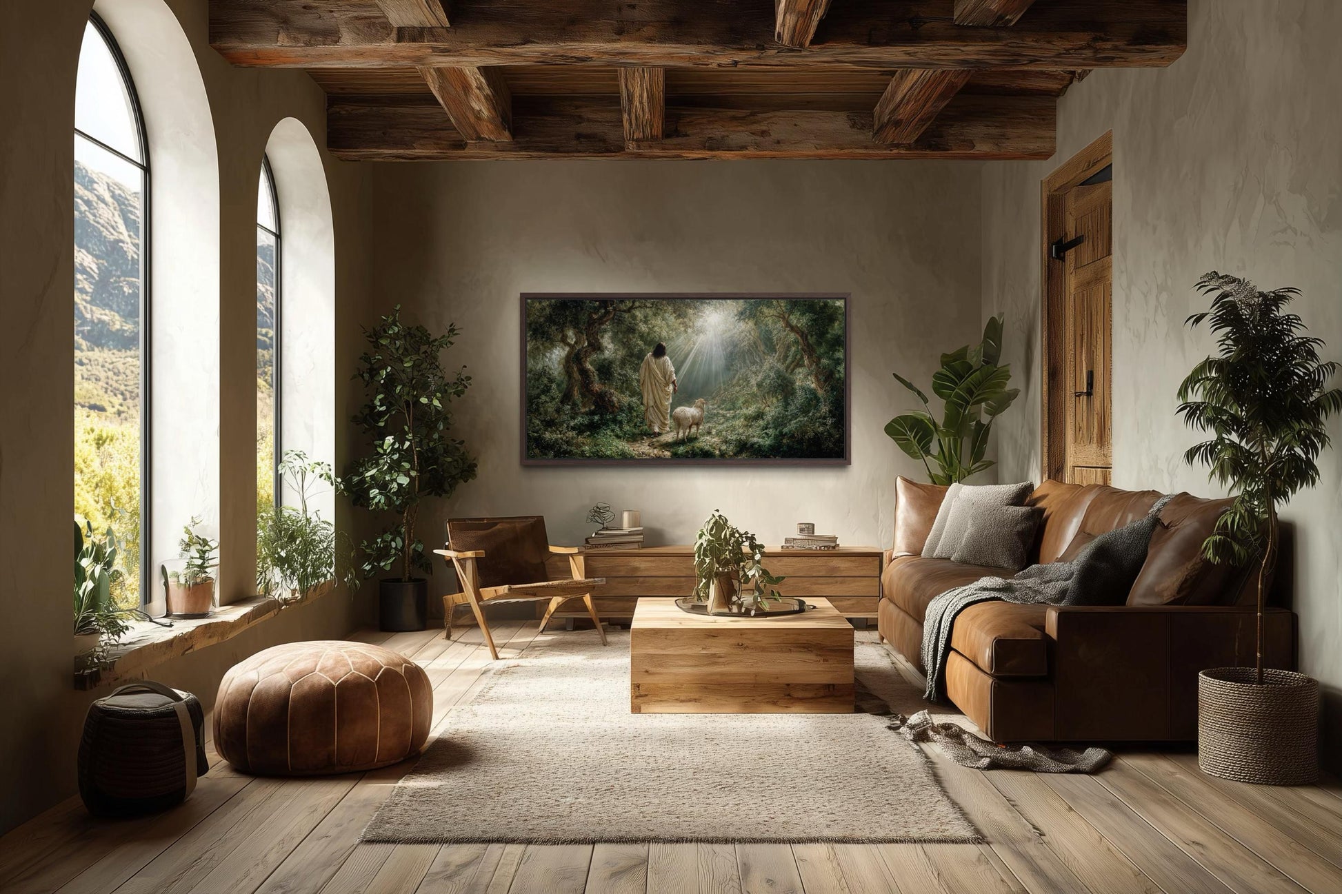 Jesus the Good Shepherd And Lamb In The Forest Canvas Wall Art – Christian Decor