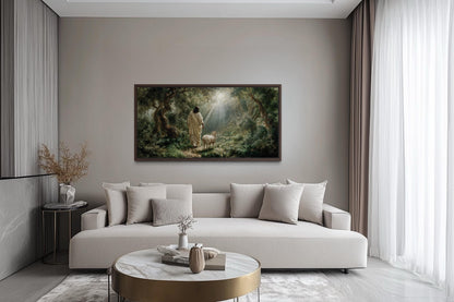 Jesus the Good Shepherd And Lamb In The Forest Canvas Wall Art – Christian Decor