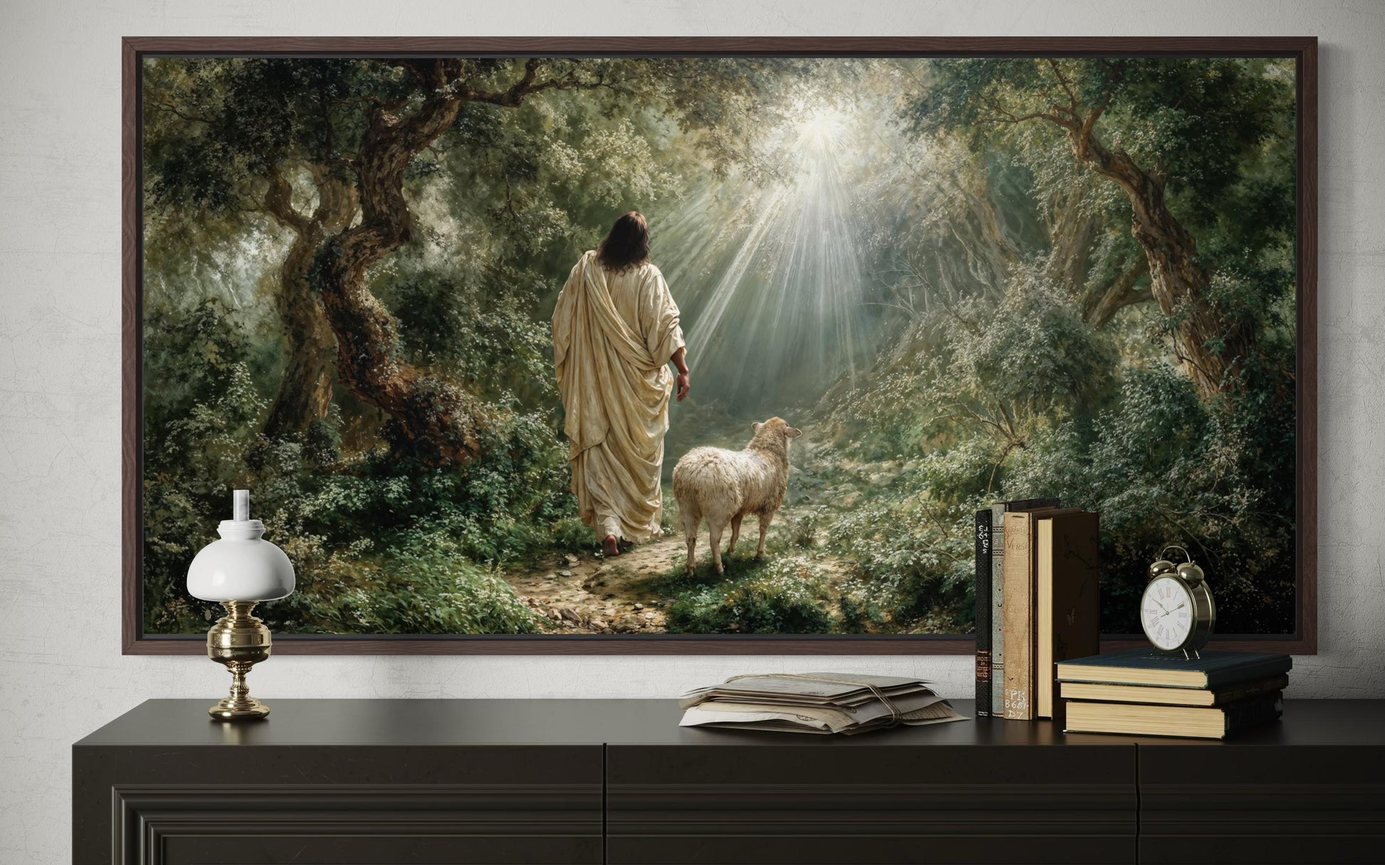 Jesus the Good Shepherd And Lamb In The Forest Canvas Wall Art – Christian Decor