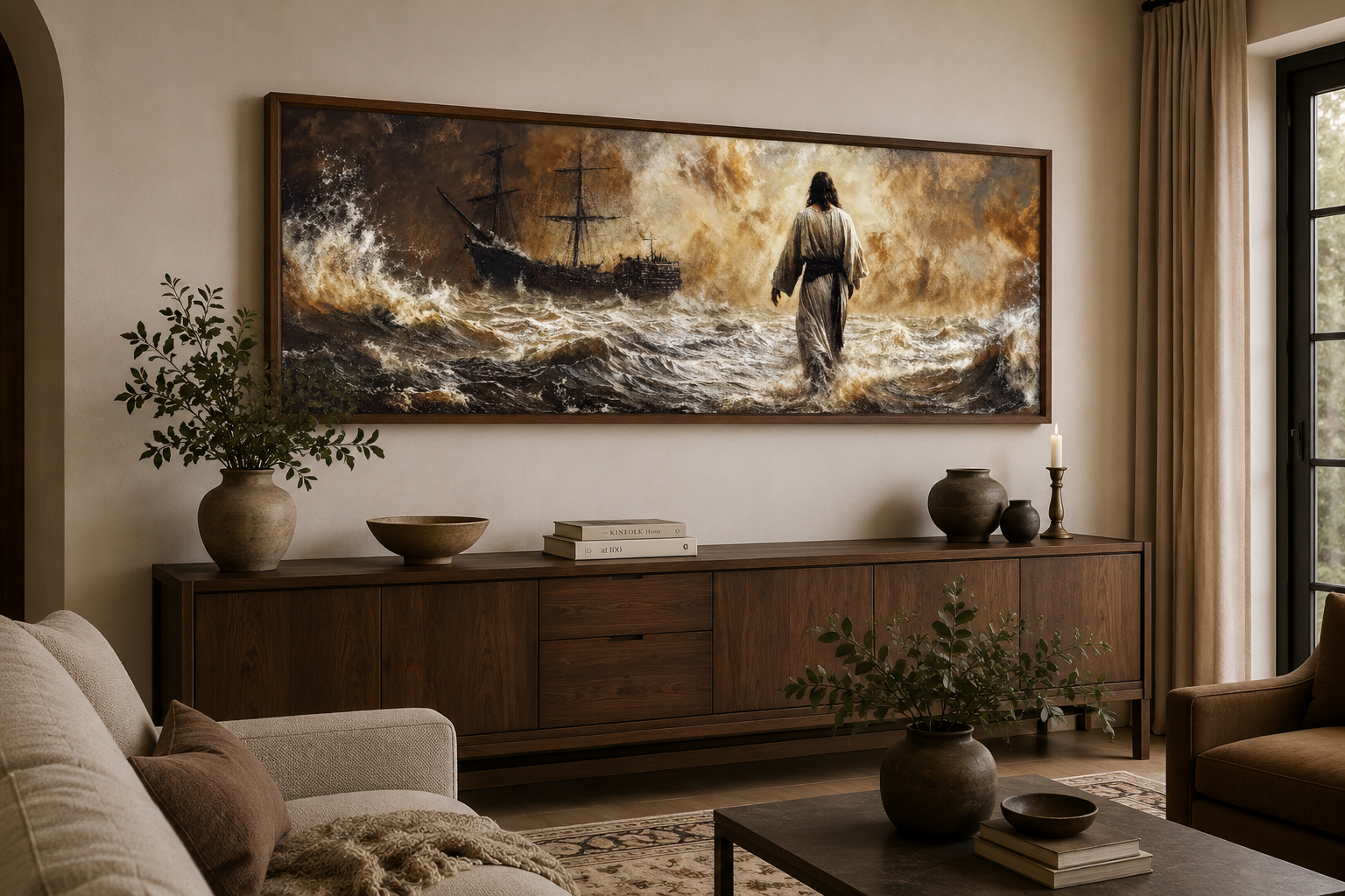 Jesus Walking On Water Long Horizontal Framed Canvas Wall Art