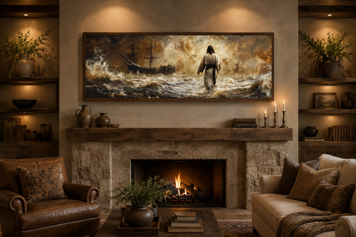 Jesus Walking On Water Long Horizontal Framed Canvas Wall Art