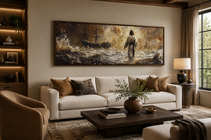 Jesus Walking On Water Long Horizontal Framed Canvas Wall Art