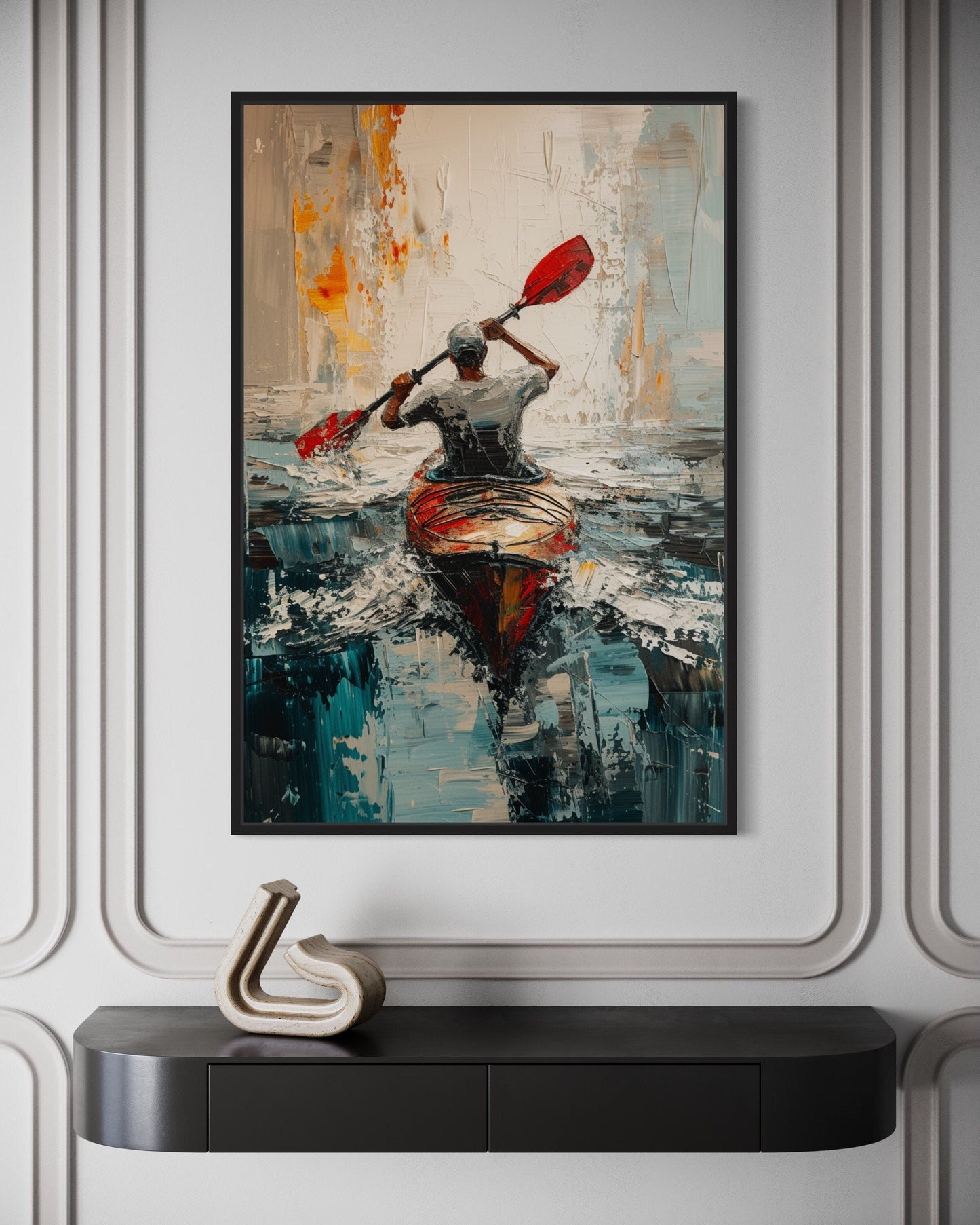 Kayaker In The Lake Abstract Framed Canvas Wall Art For Cabin Decor